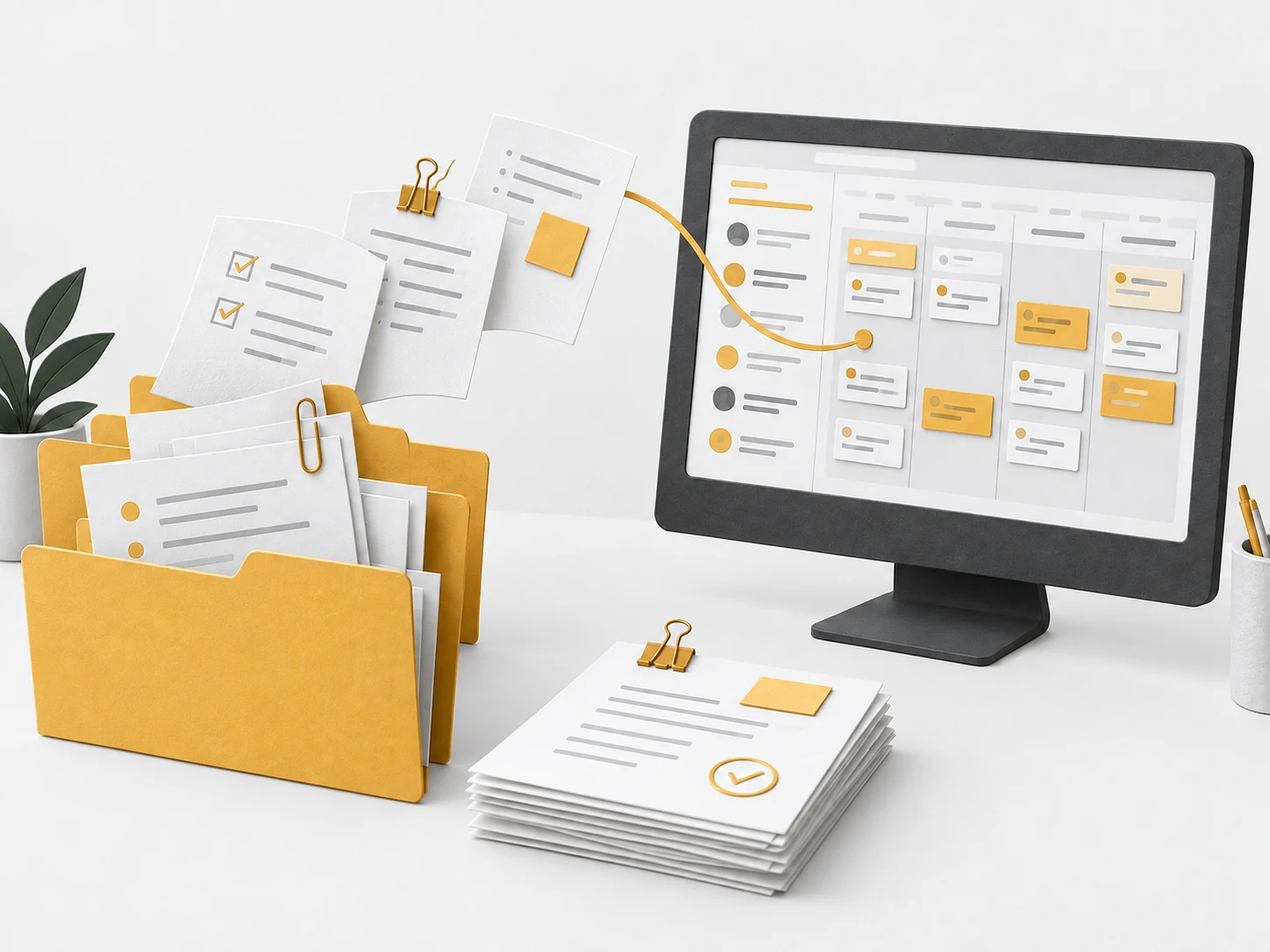 Illustrazione: documenti e cartelle di lavoro confluiscono in una pianificazione digitale condivisa